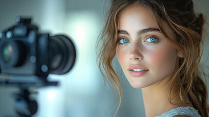 A young woman with blue eyes looks directly at the camera, a professional camera with a lens is in focus in the foreground.