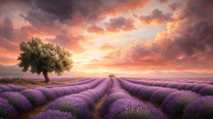 Fototapeta premium Lavender Fields Serenity, enchanting lavender fields with a pastel sky, showcasing rural European charm and tranquil seasonal beauty