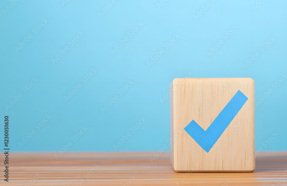 Fototapete wooden cube with a blue checkmark on a wooden table, isolated on a pastel background with copy space