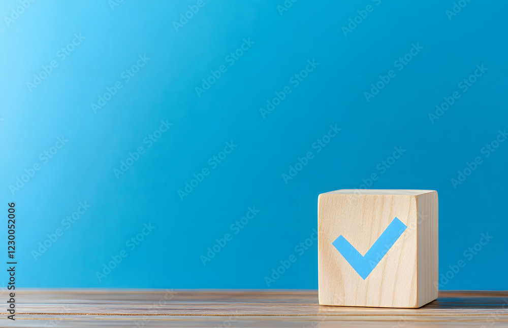 Fototapete wooden cube with a blue checkmark on a wooden table, isolated on a pastel background with copy space