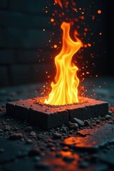 Flames burst forth from darkened concrete slab, dark concrete, hot sparks, flames erupting