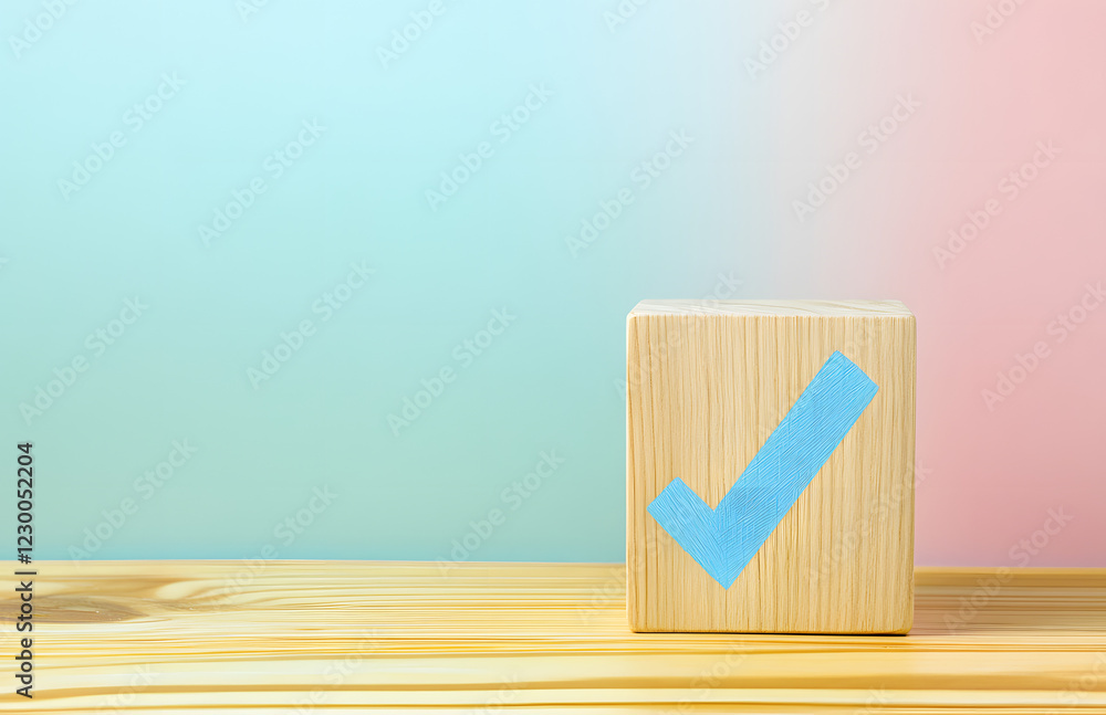 Fototapete wooden cube with a blue checkmark on a wooden table, isolated on a pastel background with copy space