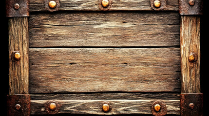 Rustic wooden sign, metal frame, dark background, blank space, design element