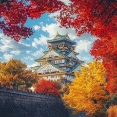 Obraz premium Osaka Castle in Autumn: A Front View Osaka Castle is a renowned landmark in Japan