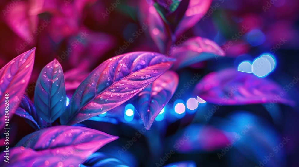 Poster Vibrant close-up of illuminated leaves in a colorful setting with glowing bokeh lights