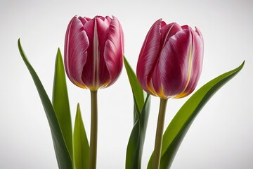 Fototapeta premium there are two pink tulips in a vase with green leaves