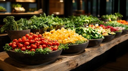 Obraz premium Vibrant salad bar display, fresh colorful vegetables arranged on a rustic wooden table, inviting atmosphere for healthy eating