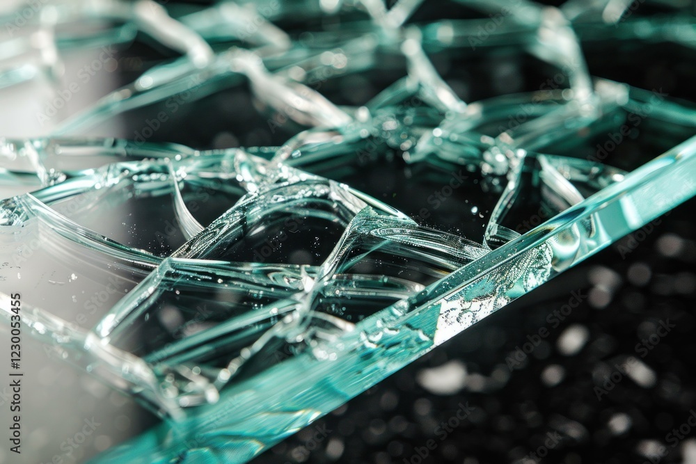 Poster close up of shattered glass with many sharp shards reflecting light on black background
