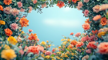 Vibrant Floral Frame with Colorful Blossoms and Blue Sky Background