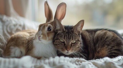 Rabbit and cat portrait Cats and rabbit are very cute.