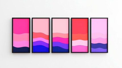 Coastal Sunset Waves, abstract waves embody vibrant sunset colors, bold black outlines, solid hues, pop art influence, geometric style, cool neon palette.
