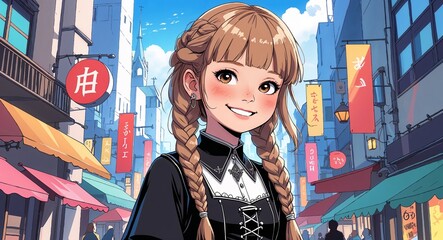 child female happy braided light brown hair gothic  outfit in a bustling city illustration anime cartoon background