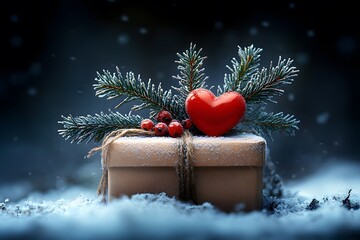 Festive Winter Gift with Red Heart and Pine Decorations for Holiday Cheer