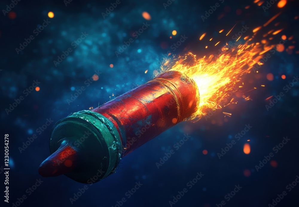 Poster creative explosion of a bright red crayon bursting into flames with vibrant sparks and glowing effec