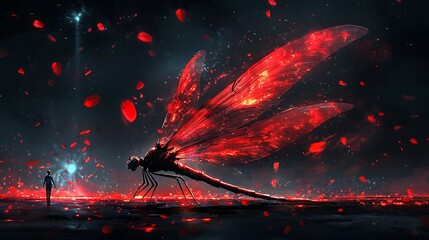 Man encounters giant red dragonfly, fiery petals fall, night sky