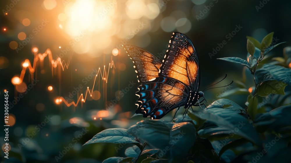 Poster butterfly on leaf with glowing background and data visualization effect