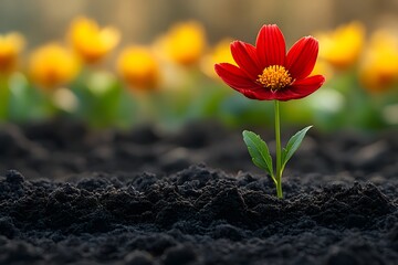 Obraz premium Vibrant Red Flower Blooming in Rich Soil with Soft Focus Yellow Flowers in Background