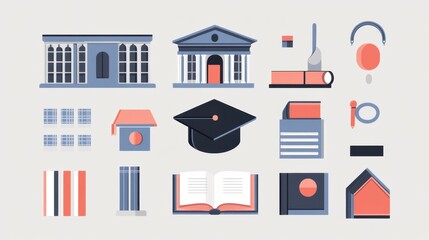A clean and minimalistic college icon set featuring graduation caps, books, diplomas, and university buildings in a modern flat design style