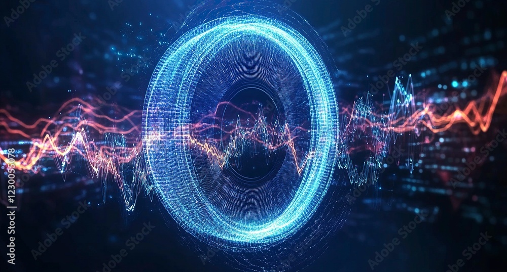 Poster abstract blue background with a glowing ring and sound waves, leaving space for text or a message. v