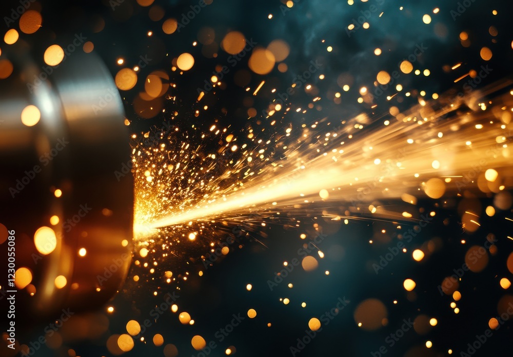 Poster dynamic flow of sparks and light from a metal surface featuring bright golden particles against a da