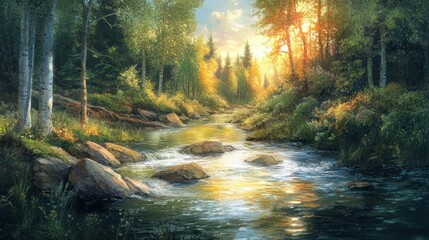 Fototapeta premium Sunset forest stream, calm water, rocks, nature scene, idyllic background, peaceful landscape
