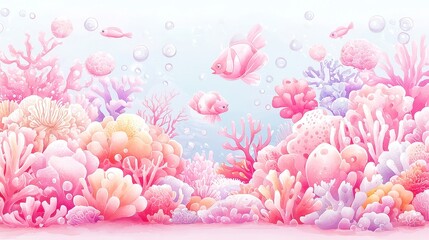 Obraz premium Vibrant Underwater Paradise, lively coral reefs adorned with swirling colors, playful fish and marine creatures, ideal for summer decor and stationery designs.
