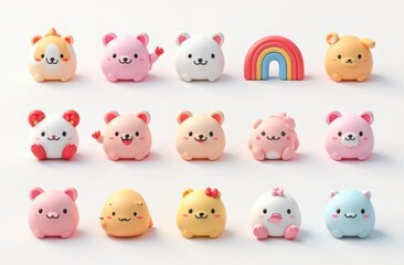 Obraz premium Cute kawaii icons, on white background 3d