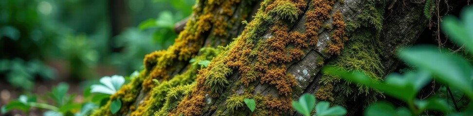 Lichen-covered tree trunk with multicolored mosses and ferns, foliage, tropical rainforest, nature