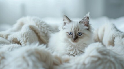 Obraz premium Ragdoll Kitten sitting relaxed in wool bed.