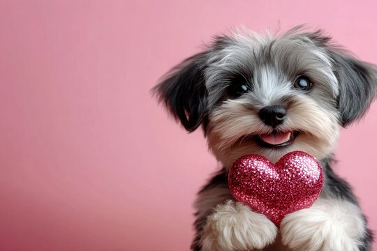 Cute havanese pooch with sparkling rhinestones red heart - symbol of love, funny greeting card. Ad campaign visual idea. Havanese - my treasured dog. Valentine's dog. February 14 inspiration.