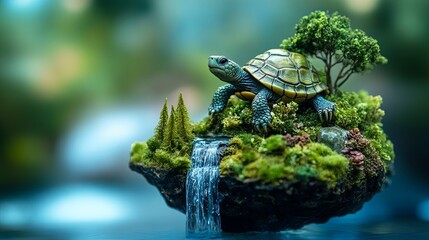 A mystical turtle figurine carrying a miniature forest with rivers and waterfalls, on a serene blue backdrop. picture