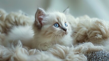 Ragdoll Kitten sitting relaxed in wool bed.