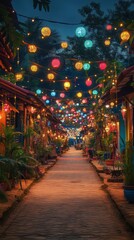 Obraz premium Festive Night Street Colorful Lanterns Asian Village Celebration