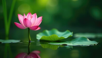 Obraz premium Lotus flower growing out of murky swamp water with a large green leaf on top, flowers, reflection