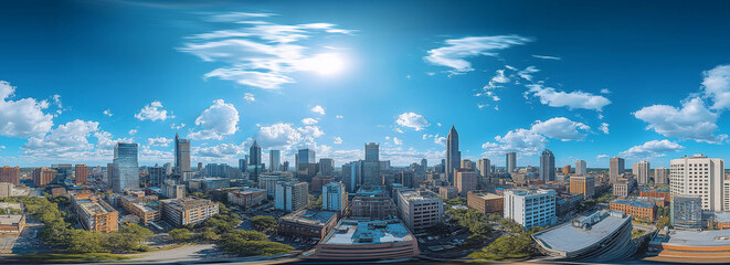 Naklejka premium panoramic view of the city skyline with buildings in downtown. tall, white skyscrapers and a blue sky on a sunny day. 