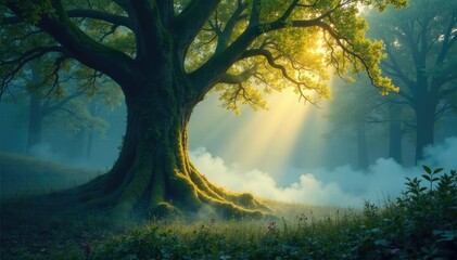 Fototapeta premium Luminous mist swirling around a mystical tree, Soft Focal Point, Dreamy Forest