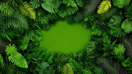 Tropical Leaves Frame: Lush green tropical leaves create a vibrant, circular frame surrounding a solid green backdrop, perfect for adding text or images.