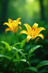 Obraz premium Lush green foliage with bright yellow lily blooms, lush, flowers, nature