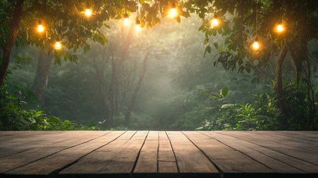 Serene forest retreat with wooden yoga shala, enchanting fairy lights, fostering group mindfulness in a tranquil clearing