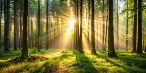Obraz premium Forest Scene with Sunlight, calm, serenity, calm, serenity, light, reflection, forest, scenery, foliage, outdoors, warmth
