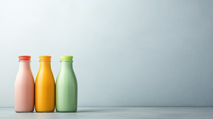 Gradient smoothie bottles in vibrant hues, minimal backdrop, representing contemporary healthy lifestyle choices