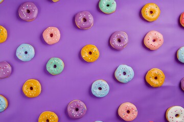 A pattern of colorful doughnuts with sprinkles on a purple background