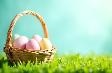 basket with colorful easter eggs on green grass