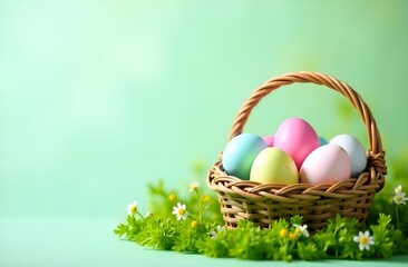 basket with colorful easter eggs on grass with flowers
