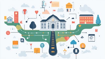 A conceptual design showing the steps of a college application process, illustrated through a creative infographic with colorful icons and arrows