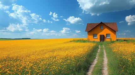 Sunny yellow house in field, path leads to it, idyllic rural scene, perfect for real estate ads