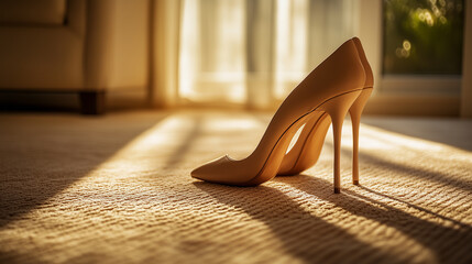 A pair of Mocha Mousse-colored high heels on a textured beige carpet, illuminated by warm natural light
