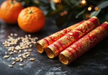 Festive Chinese New Year Decorations with Red Envelopes, Tangerines, and Toasted Sesame Seeds on Dark Background Surrounded by Greenery
