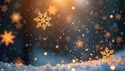 Shimmering gold snowflakes suspended in the air, winter wonderland, isolated background, gold snowflakes