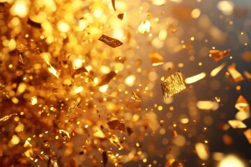 Gold confetti sparkles on a shimmering backdrop for festive celebrations and luxurious events